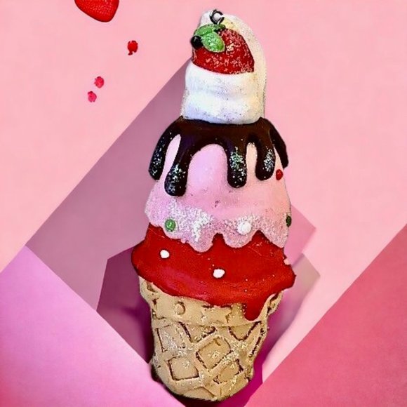GERSON Ice Cream Cone Christmas Ornament CLAY DOUGH Cherry on Top New 4.5 - Picture 1 of 8